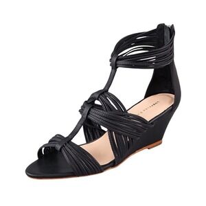 Loeffler Randall Anja Mignon Black Leather Multi Strap Wedge Sandals Size  6